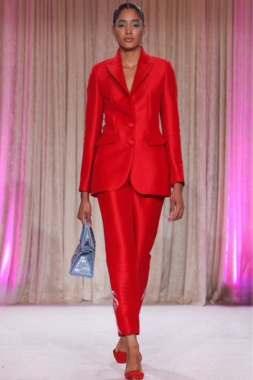 Nardos designed A radiant red pantsuit with embroidered red exotic flamingo for sharp silhouette and bold presence.