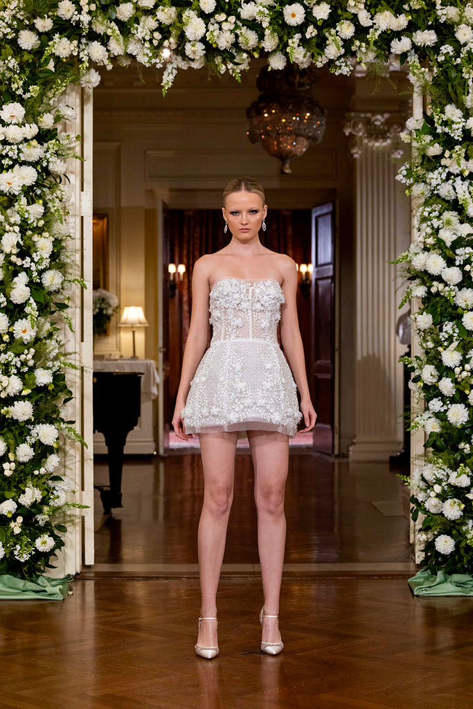 Nardos designed luxury bridal gown, Dallas, TX and New York. Mini dress with embroidered corset.