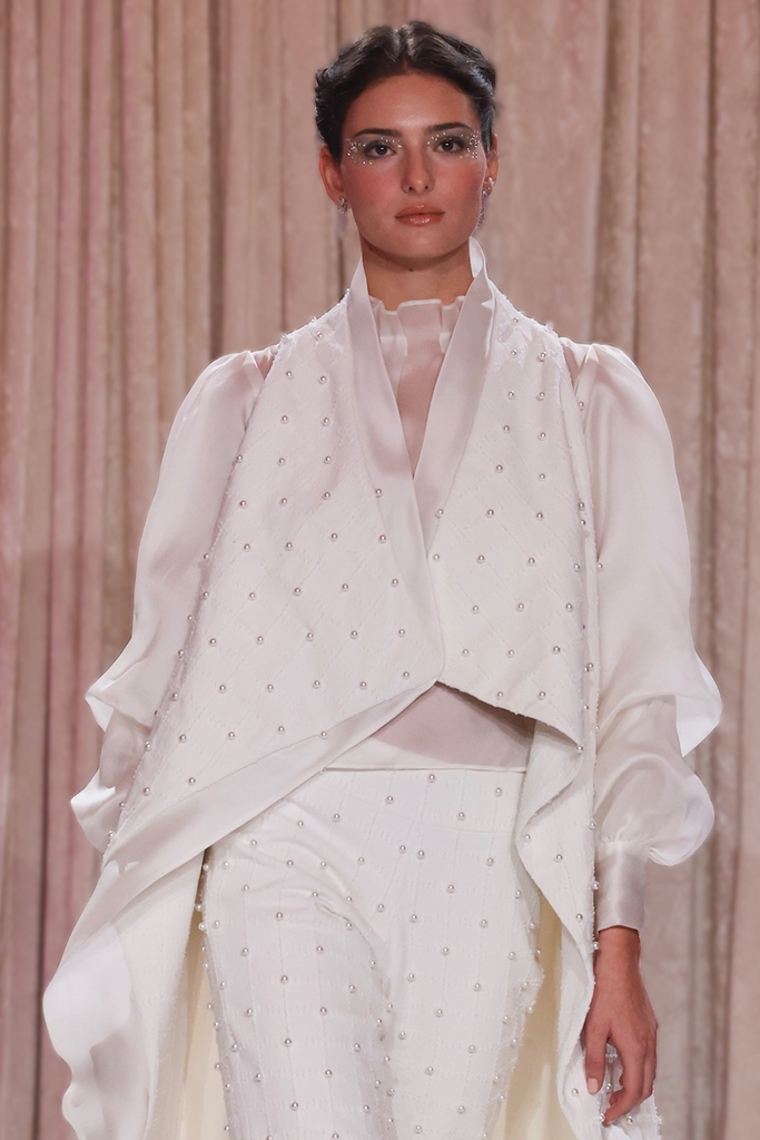 Nardos designed sheer organza white blouse with a ruffled collar and bell sleeves