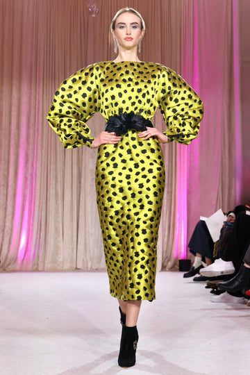 Nardos designed golden with black dots midi dress, bell sleeves, black floral belt