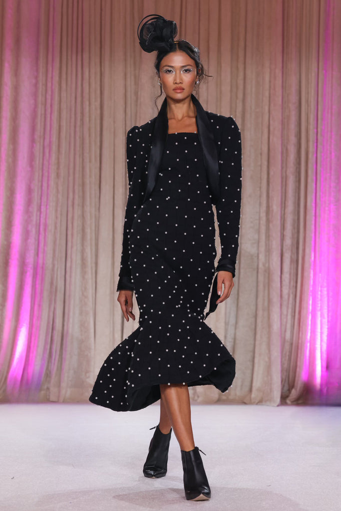 Nardos designed pearl embroidered black trumpet dress with matching long sleeved crop jacket