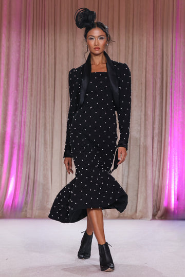 Nardos designed pearl embroidered black trumpet dress with matching long sleeved crop jacket