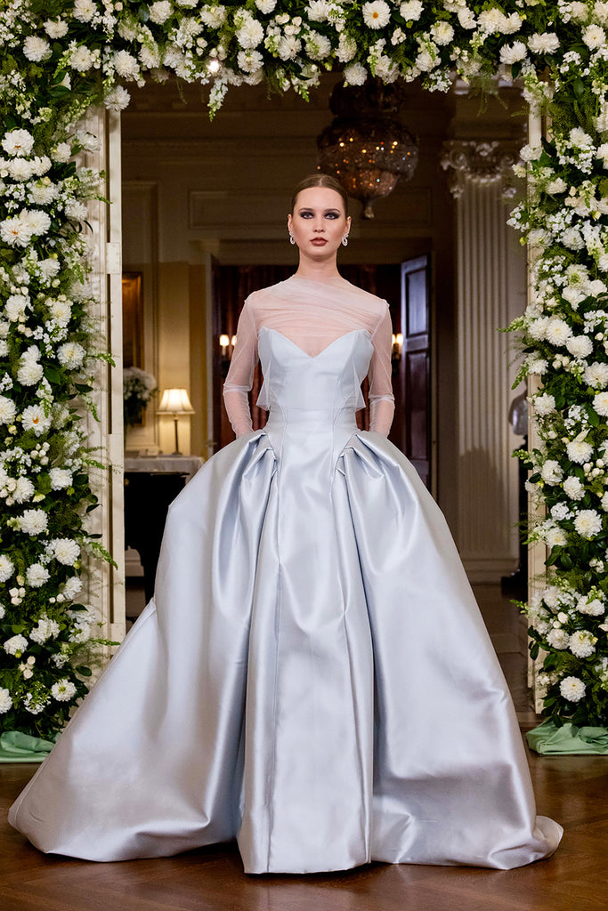 Nardos designed luxury bridal gown - Dallas, TX and New York, NY. Silver floor length gown