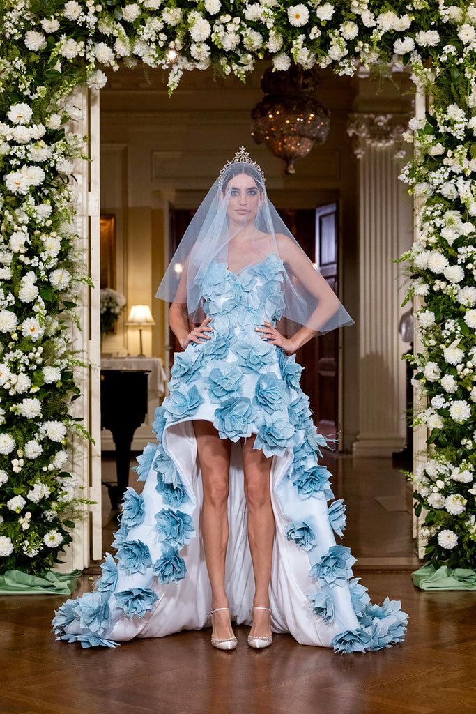 Nardos designed luxury bridal gown - Dallas, TX and New York, NY. High low blue floral studded gown