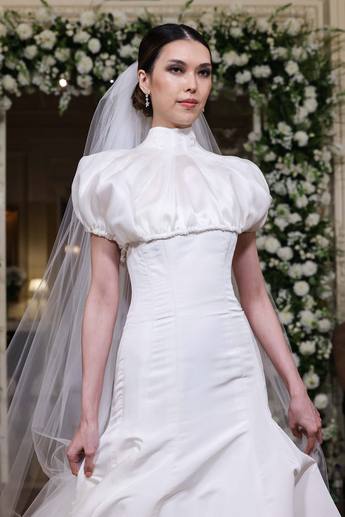 Nardos designed Luxury bridal gown - Dallas, TX and New York, NY. Mock neck puff sleeved topper.