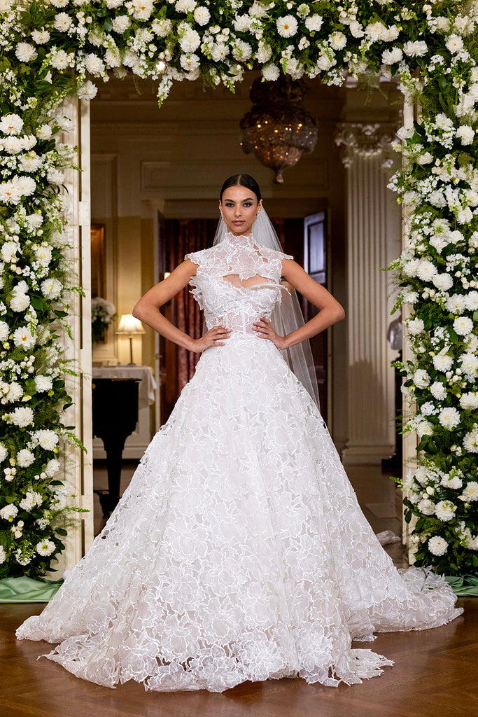 Nardos designed luxury bridal gown - Dallas, TX and New York, NY. Floral patterned A-line gown with sweet heart corset