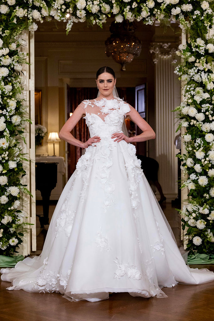 Nardos designed luxury bridal gown - Dallas, TX and New York, NY. Sweetheart gown with floral embroidery