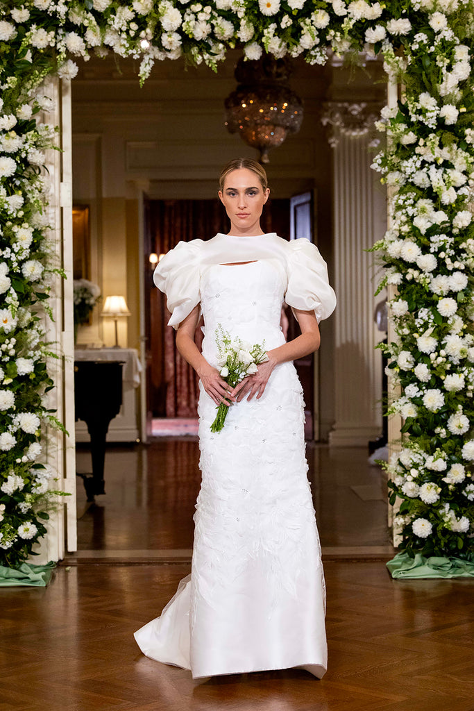 Nardos designed luxury bridal gown, Dallas, TX and New York. Maxi, floral embroidery, and puff sleeves.